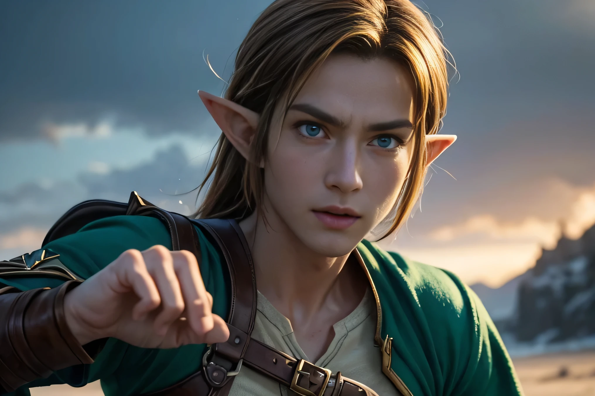 Close-up of Link's face, showing a determined and resolute expression as he nods towards Princess Zelda. His sharp blue eyes are focused and full of confidence. His tousled brown hair frames his face, and his green elf-like attire is visible in the background. The lighting highlights the strong features of his face, emphasizing his bravery and unwavering commitment. The background is slightly blurred to keep the focus on his expression and the gesture of acknowledgment and support towards Zelda.