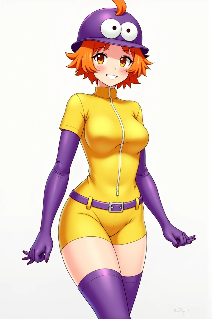Masterpiece, high quality, happy, 1girl, orange hair, short hair, curly hair, freckles, helmet, bodysuit, yellow shirt, short sleeves, long sleeves, belt, yellow small shorts, purple thighhighs, sexy body, gorgeous body, beautiful, beautiful legs, solo