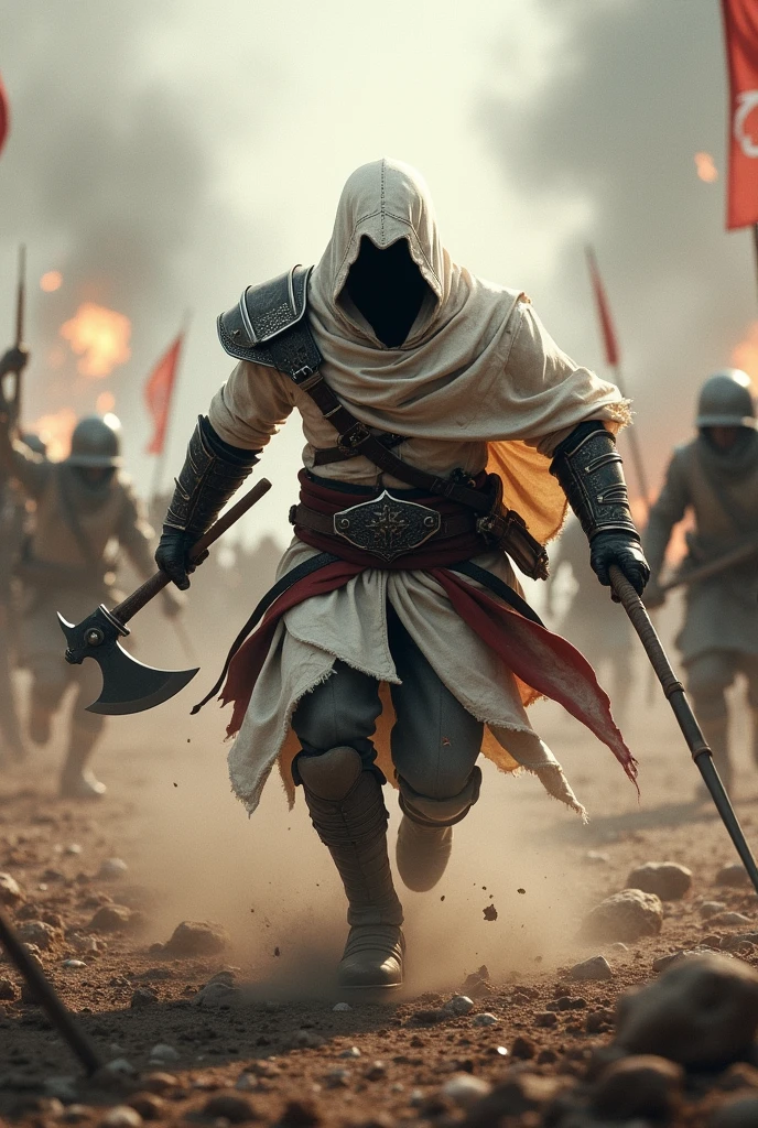 Create a dynamic battle scene featuring a hooded warrior dressed in a tattered white cloak and armor, wielding a tomahawk in one hand and a curved blade in the other. The warrior is charging forward with intense focus amidst the chaos of battle, with explosions and debris flying around. The background shows soldiers engaged in combat, some carrying flags, while the environment is shrouded in smoke and dust, giving a gritty and intense atmosphere to the scene.