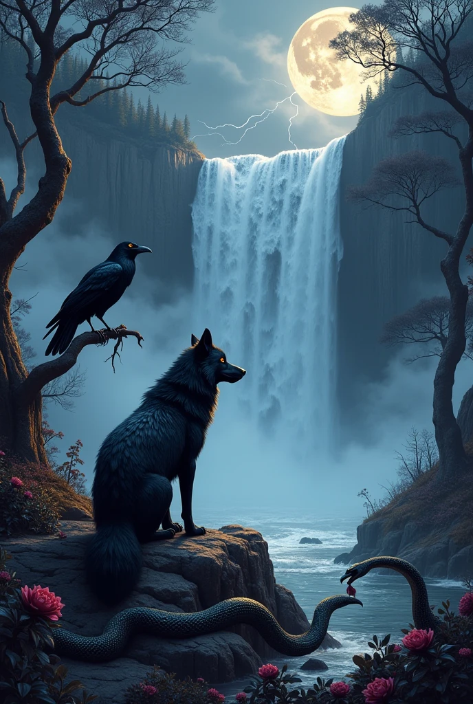 Background, a gigantic waterfall falls with a crash from a high cliff, bathed in the glow of a silver full moon. The night sky is torn by bright flashes of lightning., briefly illuminating the dark and mystical landscape. au second plan, deep black flowers cover the ground, surrounded by twisted and sinister trees, their bark marked with traces of dried blood. These deformed trees seem to be animated by a dark life., adding to the eerie atmosphere.
In the foreground, mysterious and spectacular animals take center stage. A big black wolf, with shiny coat, stands proudly on a rock, her golden eyes staring intently at the waterfall. By his side, a massive crow, with feathers as dark as night, is perched on a gnarled branch, silently observing the surroundings. A snake with iridescent scales slides between the black flowers, its fluid and hypnotic movements. These creatures, each in their own way, add a wild and mystical dimension to the whole scene, where nature seems both beautiful and threatening.