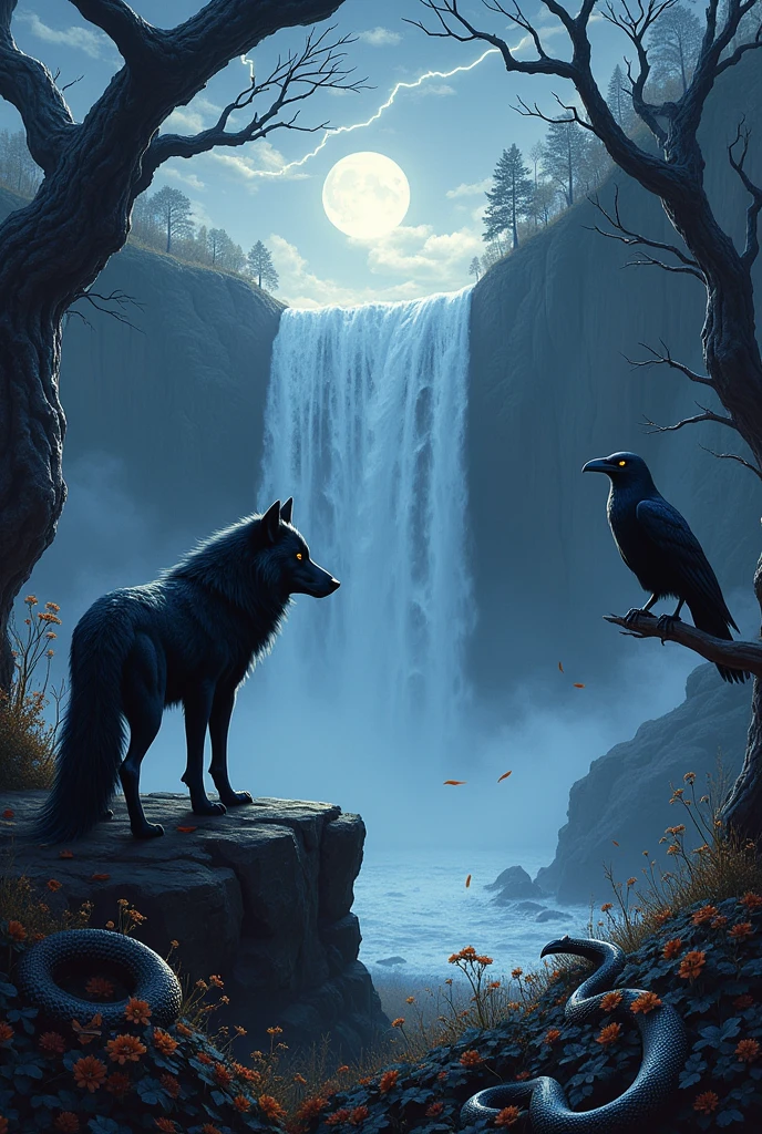 Background, a gigantic waterfall falls with a crash from a high cliff, bathed in the glow of a silver full moon. The night sky is torn by bright flashes of lightning., briefly illuminating the dark and mystical landscape. au second plan, deep black flowers cover the ground, surrounded by twisted and sinister trees, their bark marked with traces of dried blood. These deformed trees seem to be animated by a dark life., adding to the eerie atmosphere.

In the foreground, mysterious and spectacular animals take center stage. A big black wolf, with shiny coat, stands proudly on a rock, her golden eyes staring intently at the waterfall. By his side, a massive crow, with feathers as dark as night, is perched on a gnarled branch, silently observing the surroundings. A snake with iridescent scales slides between the black flowers, its fluid and hypnotic movements. These creatures, each in their own way, add a wild and mystical dimension to the whole scene, where nature seems both beautiful and threatening.