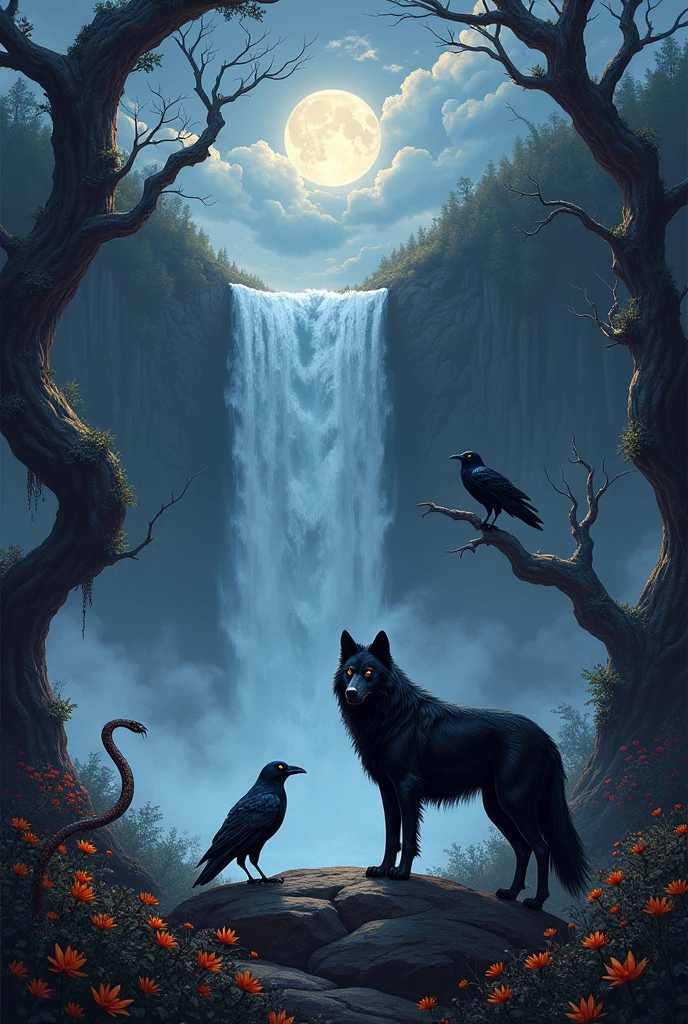 Background, a gigantic waterfall falls with a crash from a high cliff, bathed in the glow of a silver full moon. The night sky is torn by bright flashes of lightning., briefly illuminating the dark and mystical landscape. au second plan, deep black flowers cover the ground, surrounded by twisted and sinister trees, their bark marked with traces of dried blood. These deformed trees seem to be animated by a dark life., adding to the eerie atmosphere.
In the foreground, mysterious and spectacular animals take center stage. A big black wolf, with shiny coat, stands proudly on a rock, her golden eyes staring intently at the waterfall. By his side, a massive crow, with feathers as dark as night, is perched on a gnarled branch, silently observing the surroundings. A snake with iridescent scales slides between the black flowers, its fluid and hypnotic movements. These creatures, each in their own way, add a wild and mystical dimension to the whole scene, where nature seems both beautiful and threatening.