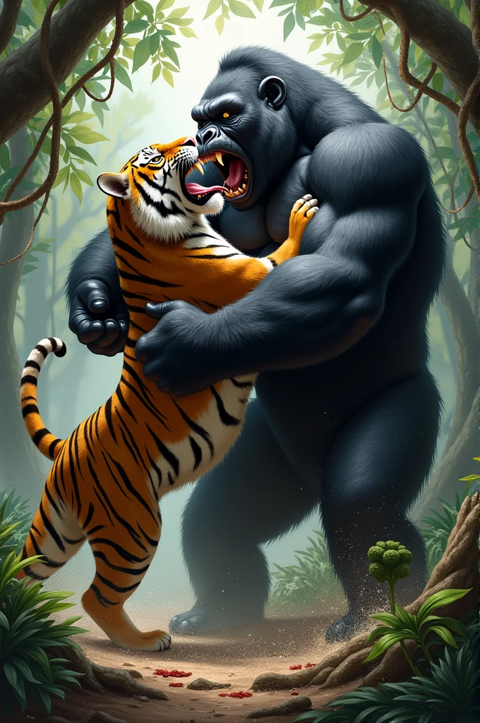 A tiger killing a gorilla