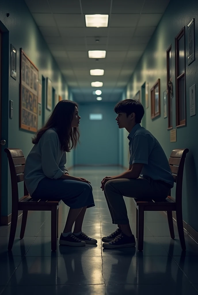 One man and one woman sitting on a bench together discussing, in the hall of their school at night 