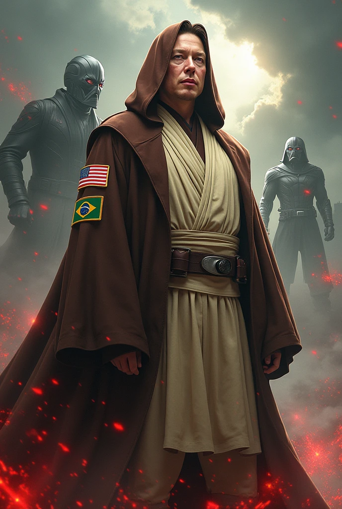 Image with Elon Musk's Star Wars Obi outfit with a Brazil patch raising Voldemort in a battle as Magneto