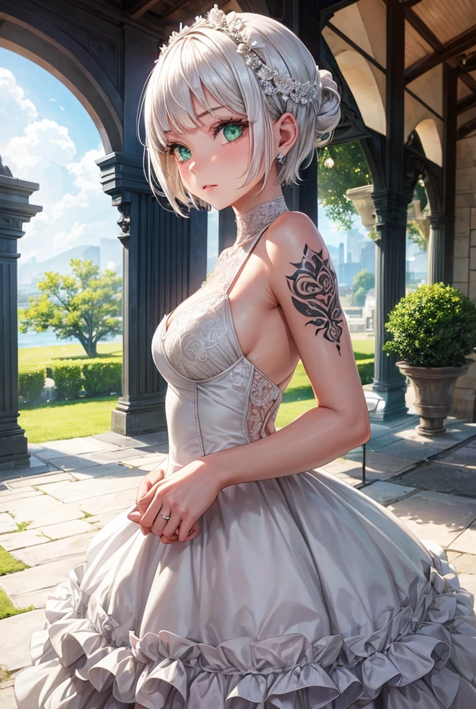 A girl with short white hair with green eyes with tattoos and wearing a wedding dress