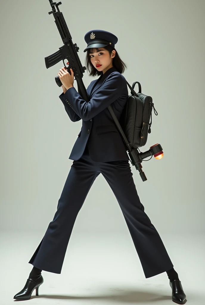 real person realistic beautiful korean flight stewardess red super tight dress mini skirt standing stance legs open spreading arms straighten full portrait holding rifle gun pointing shouting at you front facing hip low waist aiming at you shooting range sexy legs backpack M9 flamethrower weapon gasoline fueltank