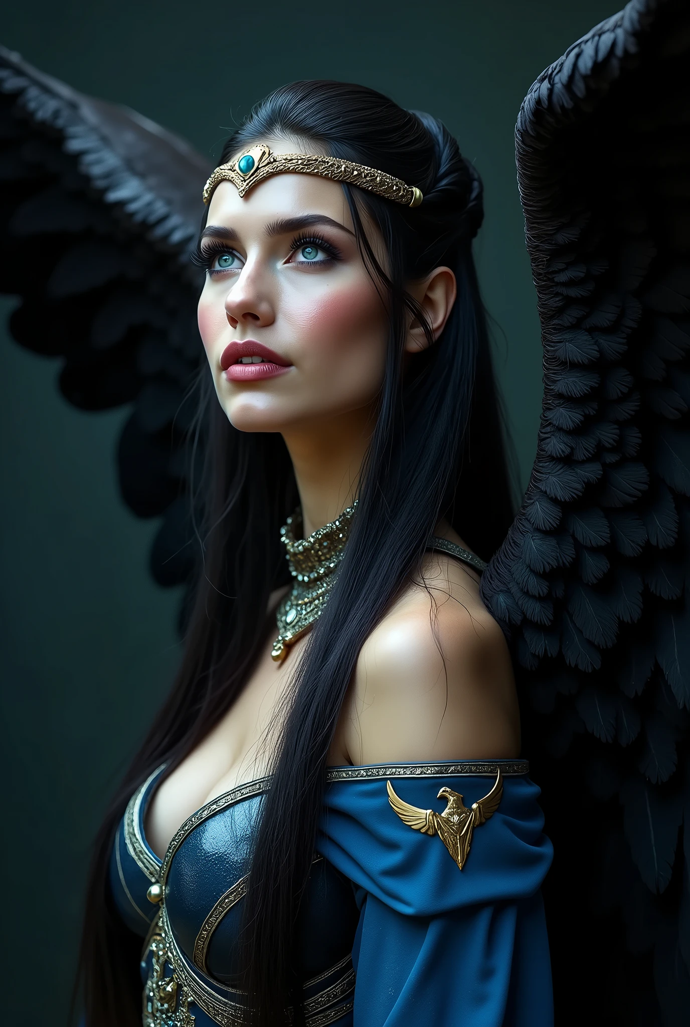 GORGEOUS WINGED VALKYRIE , WARRIOR WOMAN, BUST IMAGE STYLE, STUDIO IMAGE STYLE, BLACK INFINITE BACKGROUND, DIFFUSED LIGHTS ON FACE, BACK LIGHTS ON HAIR, HUGE BLACK WINGS, BLACK FEATHERS, VERY BLACK HAIR, CLOSE FACE SHOT, HUGE LONG HAIR, HUGE STRAIGHT LONG HAIR, BRAID HAIR STYLE, PLATINUM EYEBROWS, VERY PALE SKIN, LUMINOUS SKIN, TURCOISE BLUE EYES, LUMINOUS EYES, MEDIEVAL STYLE, HIGH CHEEKBONES, ROSY CHEEKS, GORGEOUS LIPS, SOFT LIPSTICK, GORGEOUS CURVY BODY, SOFT MUSCLES, VOLUMOUS BREASTS, BLUE ARMOUR, SILVER DETAILS, FULL BODY ARMOUR, FLAT BOOTS, NECK CLEAVAGE, LONG BRACELETS, GOLD DETAILS, GOLDEN HEADBAND , ENIGMATIC FACE EXPRESSION, SIDE FACE VIEW, EYES LOOKING UP, TOLKIEN MITHOLOGY, HIGH QUALITY IMAGE, MASTERPIECE, 8K