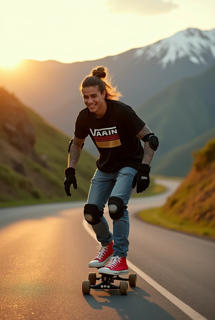 An adrenaline-filled shot of a Korean youn man with man bun hair covered in tattoos on his arms, confidently riding a skateboard down a winding mountain road, framed by the golden light of the setting sun. He is wearing a black t-shirt with a vintage VAN logo on his chest and a bag on his back, and denims jeans and use red converse shoes. The man dimple smiles at the camera, his hands protected by black gloves, adding a personal touch to the thrilling scene. He also wears knee and elbow pads, ensuring safety as he navigates the turns with ease. The background features rolling green hills and snow-capped mountains in the distance, creating a stunning contrast to the rider’s dynamic movements, amplifying the excitement. In the distance. The image exudes the thrill of downhill skateboarding, the beauty of the natural scenery, and the fearless energy of the rider, with an Instagram-worthy atmosphere.