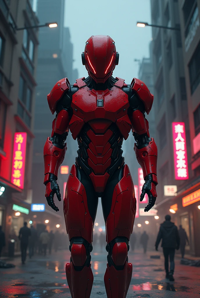 Red colour robocop of india masterpics realistic cyberpunk dark night no light