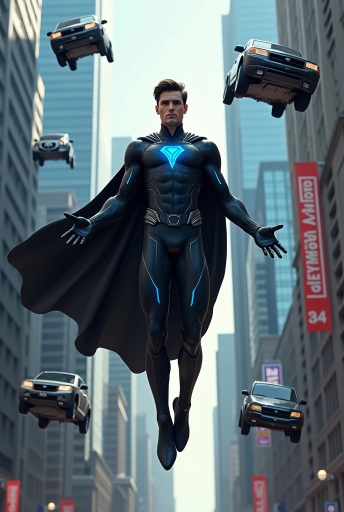 I want you to create a male character with metal control powers. He is a 2 white male not so muscular who has short black hair with black eyes. His superhero costume is black with blue details with a large black cape.. Levitating between buildings he uses his powers to lift cars.