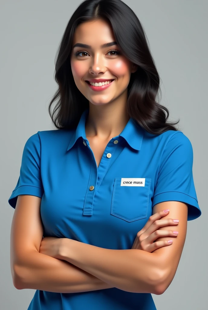 Create a realistic image of an Argentine lady wearing an electric blue polo shirt. In addition to having the word printed on it "CRECE MASS" in the right pocket . She must be smiling and with her arms crossed. Your skin tone should be white and your hair black and straight.  Oval face and thick lips.  