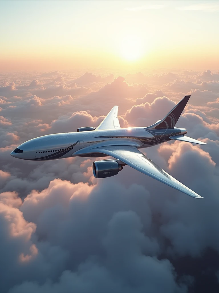 B777 aicraft in the future with technology advanced flying in the air realistic
