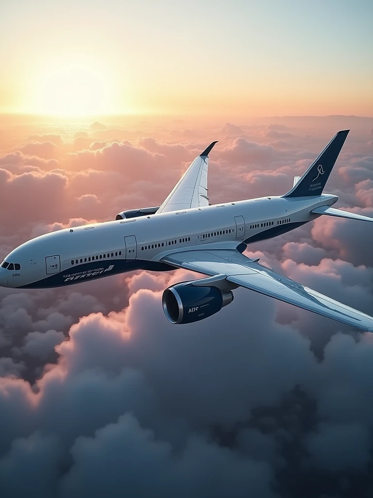 B777 aicraft in the future with technology advanced flying in the air realistic