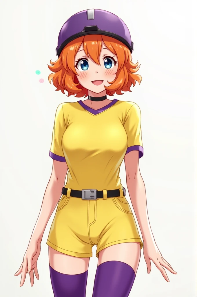 Masterpiece, high quality, happy, 1girl, orange hair, short hair, curly hair, freckles, helmet, bodysuit, yellow shirt, short sleeves, long sleeves, belt, yellow small shorts, purple thighhighs, sexy body, gorgeous body, beautiful, beautiful legs, solo