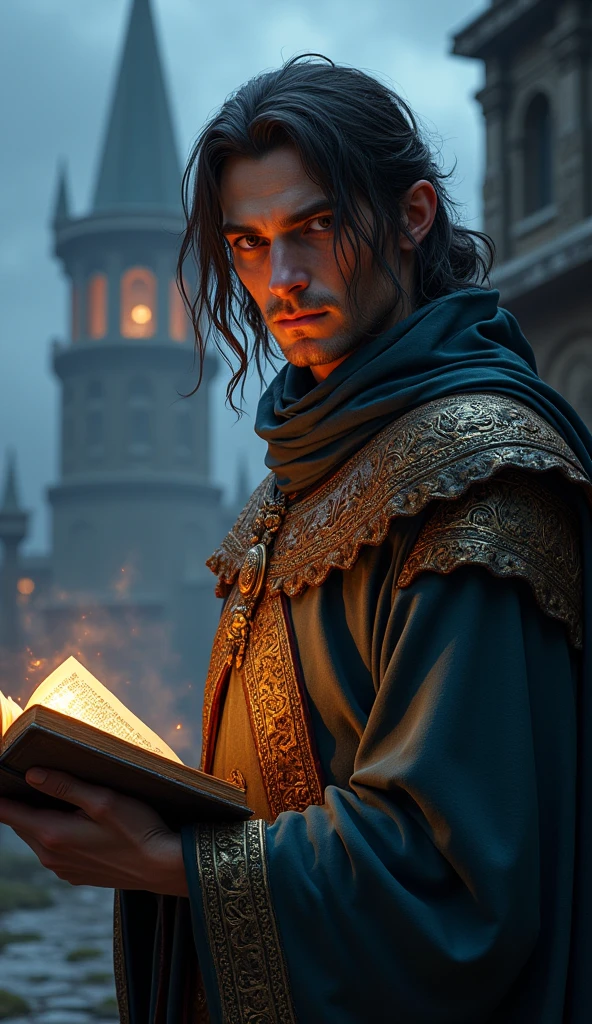 Human male from baldur's gate, best quality, ultra-detailed CG unity 8k wallpaper,       standing, high resolution, dynamic pose, average face, (fancy wizard attire, hazel eyes), depth of field, mage tower setting, night), (high fantasy) (dark brown Hair, long scraggly hair), light skin, holding an ancient tome, one eye