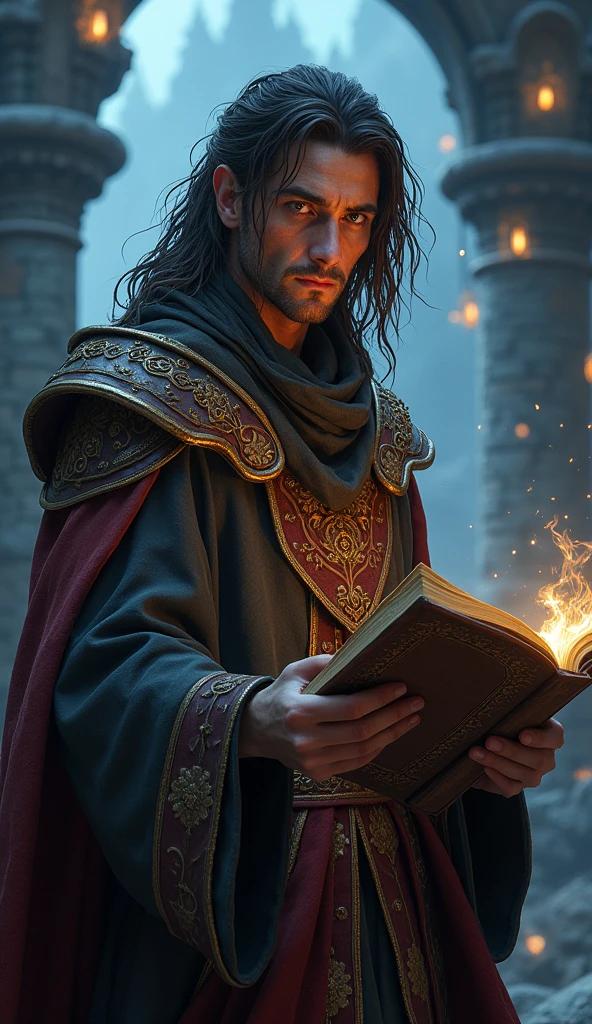 Human male from baldur's gate, best quality, ultra-detailed CG unity 8k wallpaper, standing, high resolution, dynamic pose, average face, (fancy wizard attire, hazel eyes), depth of field, mage tower setting, night), (high fantasy) (dark brown Hair, long scraggly hair), light skin, holding an ancient tome, one eye