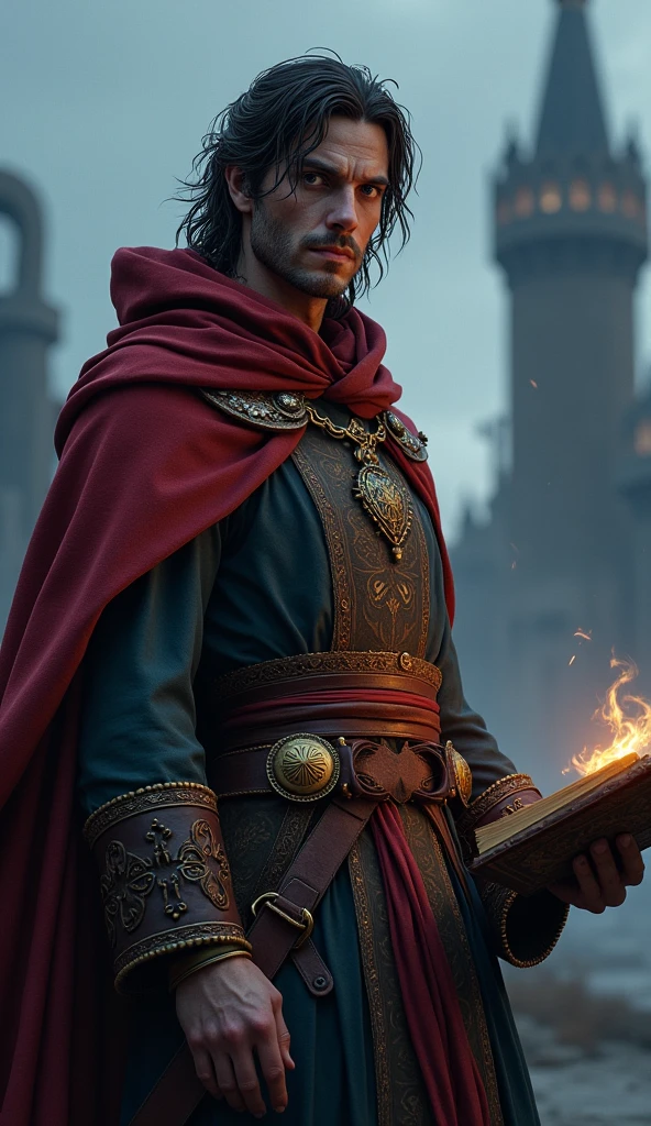 Human male from baldur's gate, best quality, ultra-detailed CG unity 8k wallpaper,       standing, high resolution, dynamic pose, average face, (fancy wizard attire, hazel eyes), depth of field, mage tower setting, night), (high fantasy) (dark brown Hair, long scraggly hair), light skin, holding an ancient tome, one eye