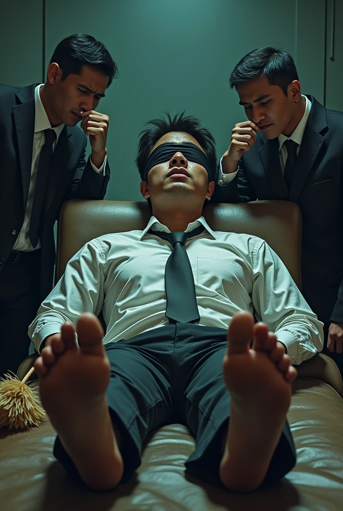Malaysia malay handsome 25 years student
He fainted
His hand handcuff in abondon warehouse
Blindfolded
handcuff
Formal Outfit
Focus sweaty hot feet on desk
feather duster on desk
Dirty Blacksock on desk
2 mafia pinch nose
His feet smell