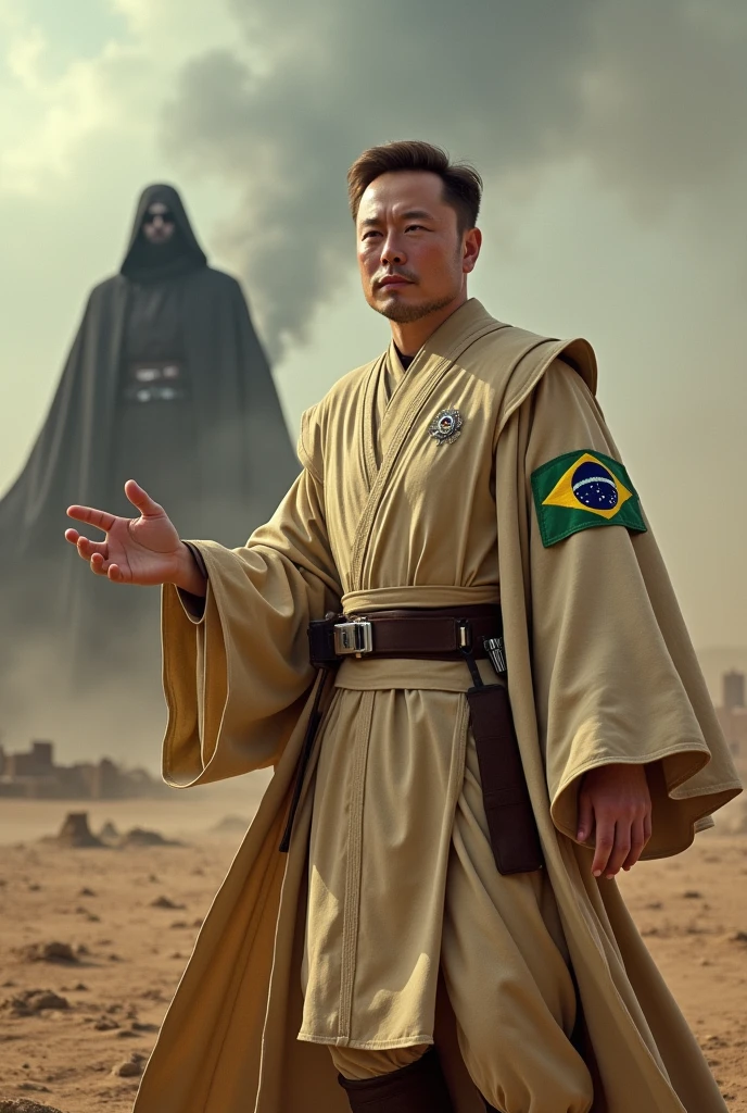 Image with Elon Musk&#39;s Star Wars Obi outfit with Brazil patch raising Voldemort in battle