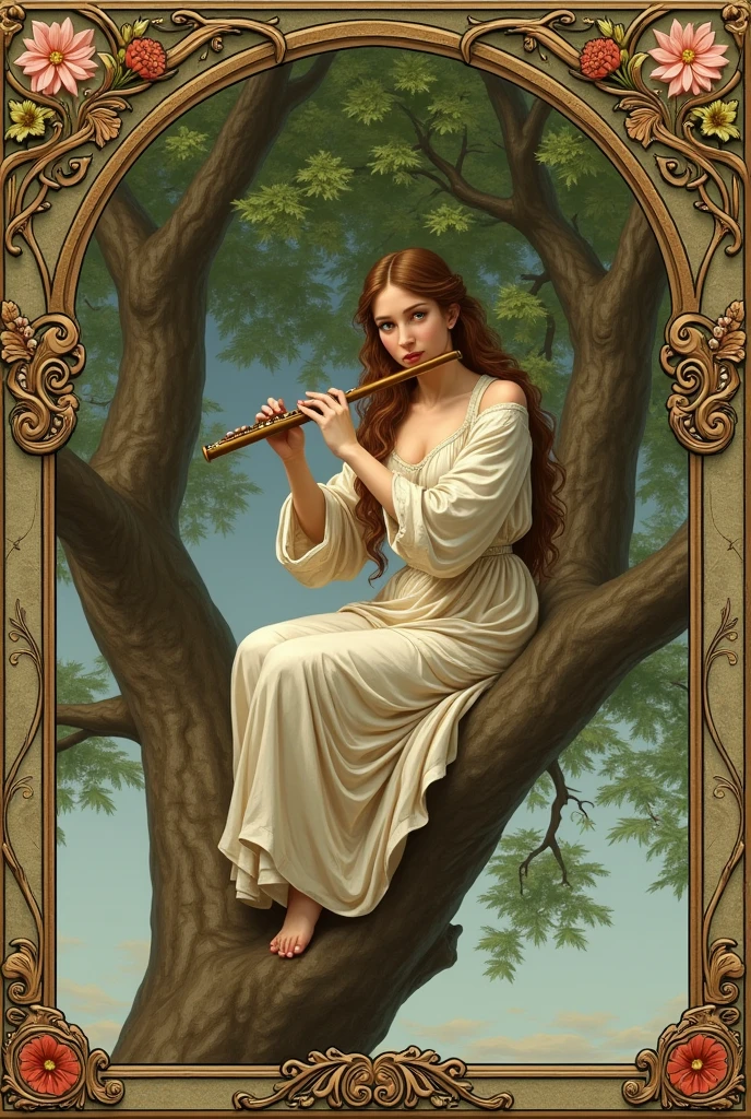 Woman playing the flute with both hands sitting in a tree, Renaissance style.
Very decorated frame, Mucha Style.