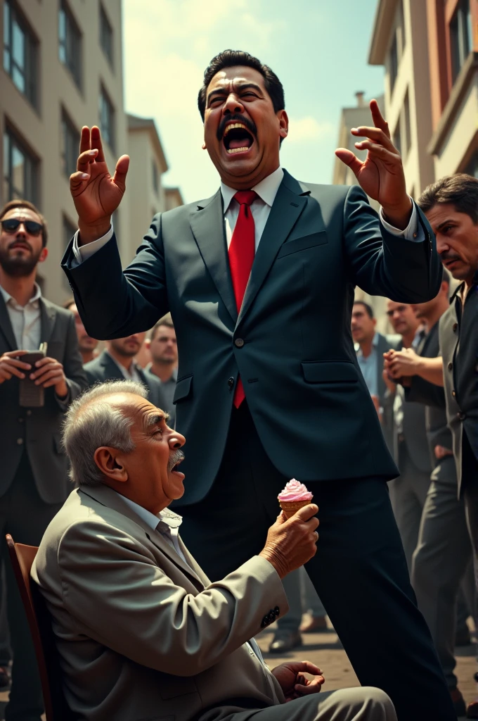 Nicolás Maduro in a setting full of his henchmen, yelling at an old man who is eating a cone