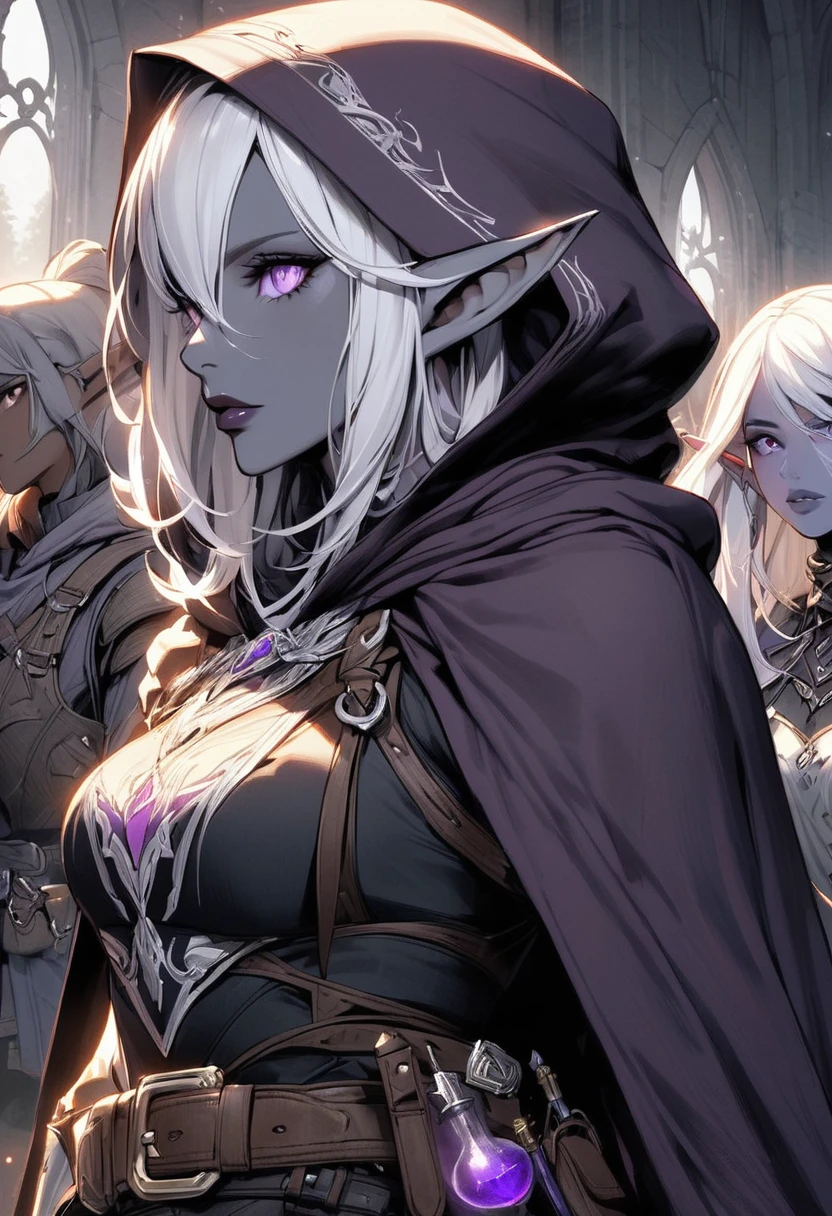drow,  pointed ears, Single, elf, Hood, Skin color, I look at the audience, Long silver hair, cloak, dark elf, Hood up, e.g, Hooded cloak, belt, pouch, lavender-colored eyes, gray skin, upper body, weapon, lips, armor, black/White icon, potion belt, smith tools on belt,((masterpiece, Best quality))