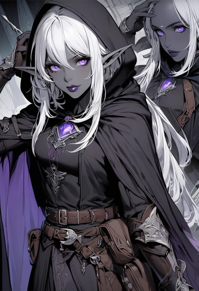 drow,  pointed ears, Single, elf, Hood, Skin color, I look at the audience, Long silver hair, cloak, dark elf, Hood up, e.g, Hooded cloak, belt, pouch, lavender-colored eyes, gray skin, upper body, weapon, lips, armor, black/White icon, potion belt, smith tools on belt,((masterpiece, Best quality))