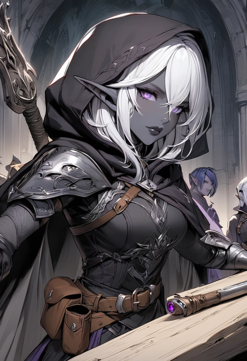 drow, pointed ears, Single, elf, Hood, Skin color, I look at the audience, Long silver hair, cloak, dark elf, Hood up, e.g, Hooded cloak, belt, pouch, lavender-colored eyes, gray skin, upper body, weapon, lips, armor, black/White icon, potion belt, smith tools on belt,((masterpiece, Best quality))