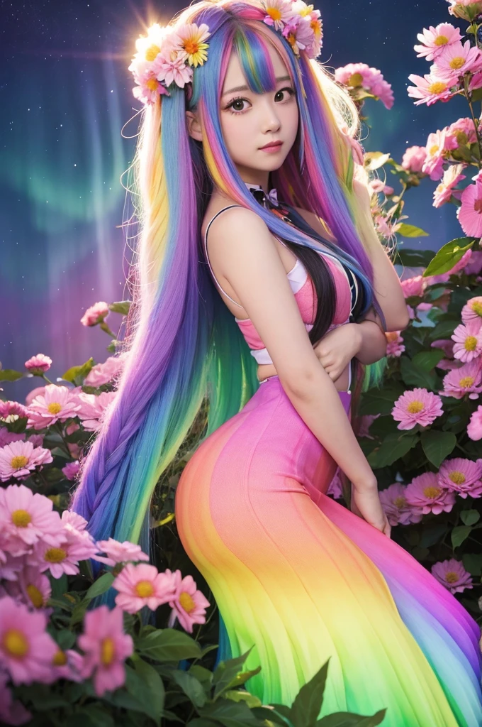 A girl with long rainbow hair, surrounded by big flowers, upper body, Aurora
