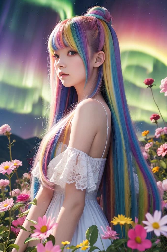 A girl with long rainbow hair, surrounded by big flowers, upper body, Aurora
