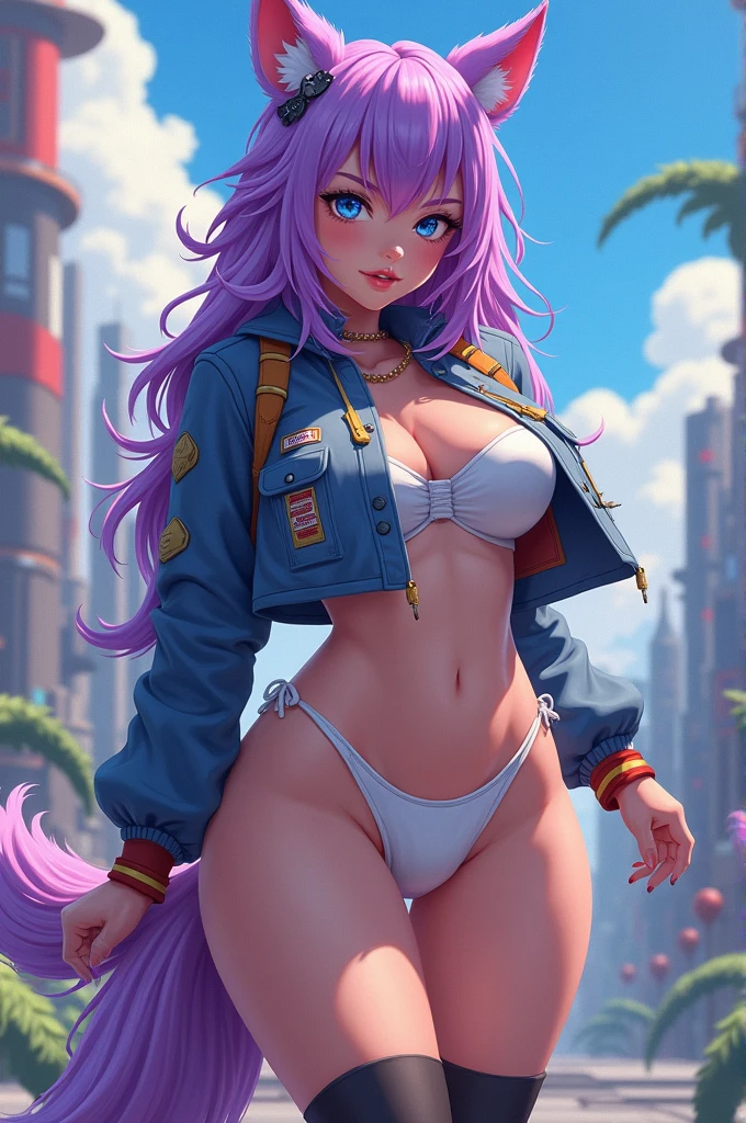 Girl, Alone, absurdities, High resolution,EPpk,jessie,Girl de 16 años,JESSIE has wolf ears and a tail.,affected smile,big waist,huge ,curved body, by the wide,Curly hair, blue eyes, purple hair, perfect lips,rocket team suit, white bikini,white bra with R ,black night socks,city,poses of
