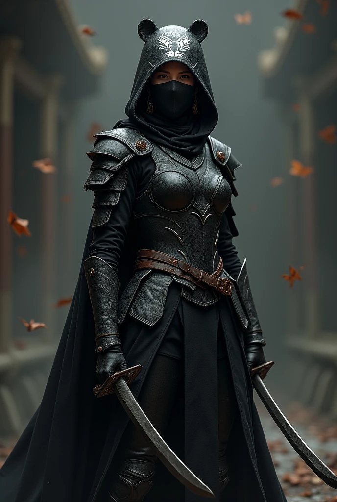 Girl with short brown hair wearing a black bear mask with black armor with a cape and hood on the cape has the design of a white tiger the woman carries two curved swords at her waist