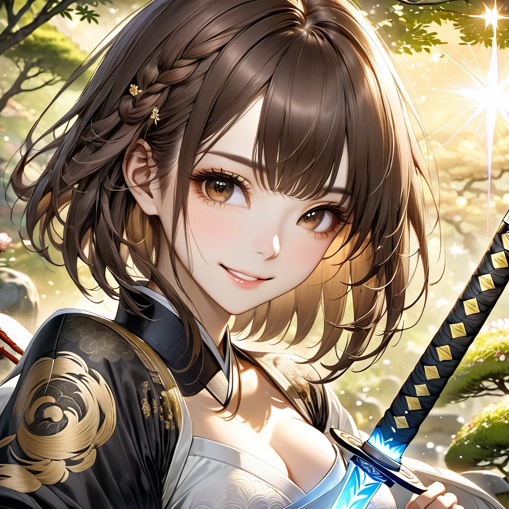 High resolution, masterpiece, 最high quality, Very detailed, high quality, Textured skin, Bob Hair, Brown Hair, Natural smile,Sparkle Effect, far and near method, chest, Girl with sword, In the same way,Japanese garden,Character portrait,