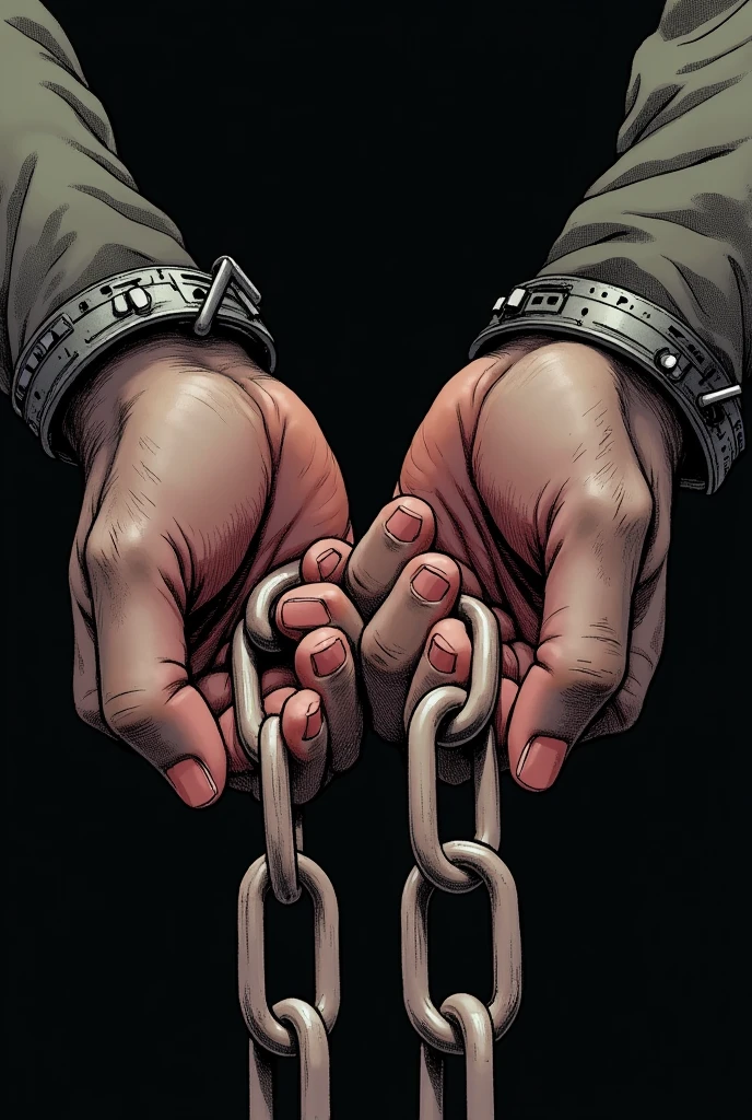 a close up of two hands holding chains with a white circle, ((chains)), chains broken on hands, shackled in the void, chains on hands, broken shackles, chains, dormant in chains, wearing chains, chainsaw man manga, broken gold shackles, shackles in his hands, thick glowing chains, closeup of arms, the shackled, handcuffs, Close-up of hands folded in front of stomach,