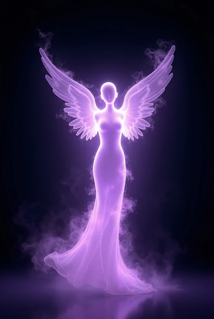 Luminous purple thread outlines an angel shape, glowing as if composed of mist, set against a pitch-black background, angelic form in ethereal mist, creating a contrast, captured in ultra high definition, ethereal, volumetric lighting.