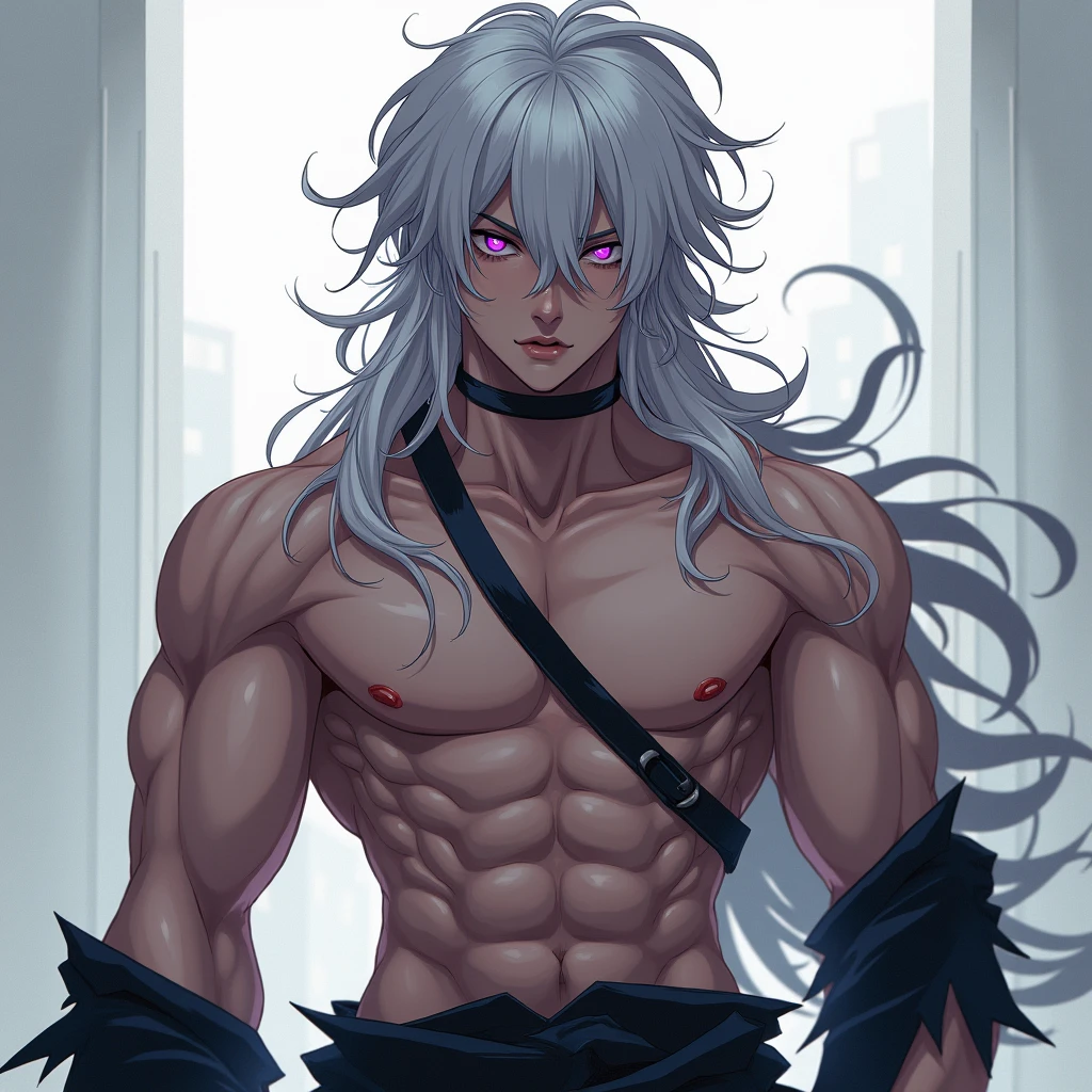Male, anime, long messy white hair, hot, purple eyes, naked