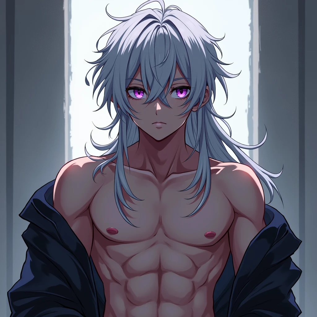 Male, anime, long messy white hair, hot, purple eyes, naked
