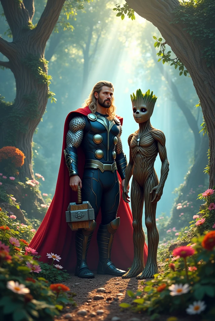 thor groot standing in a colourfull forest