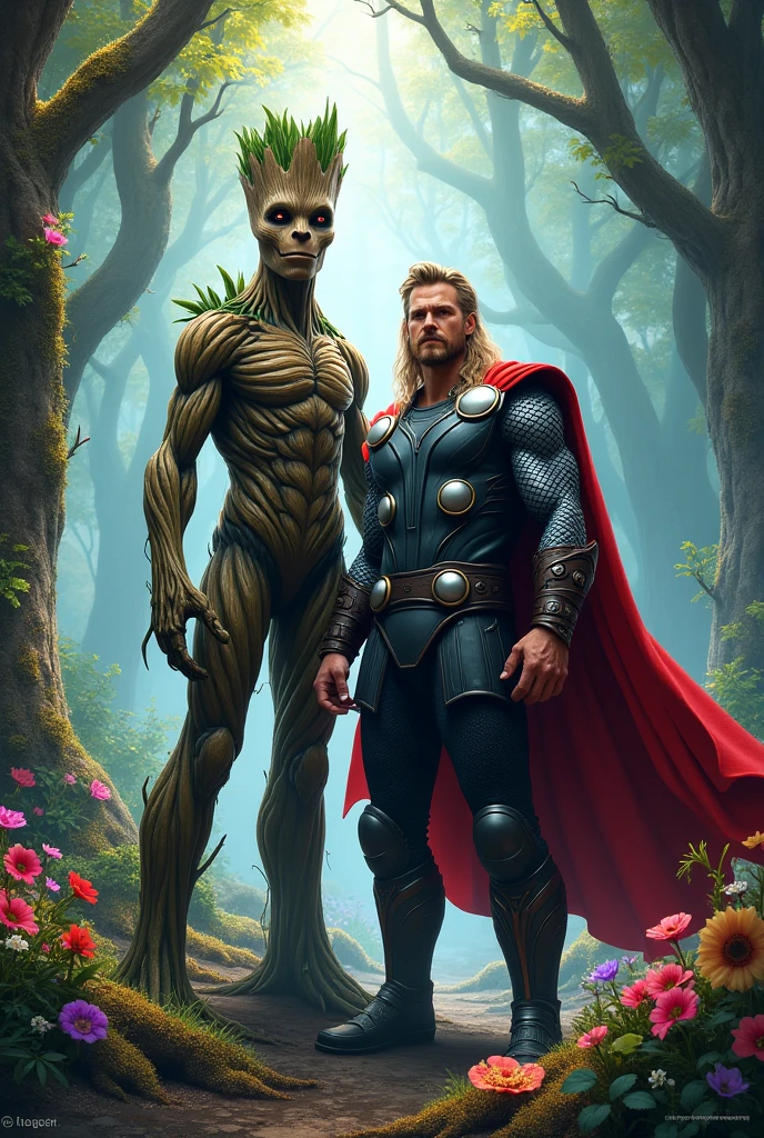 thor groot standing in a colourfull forest