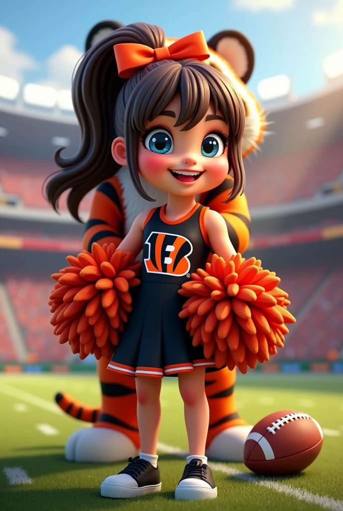 Bengals cheerleader tween
Chunky body
Brown hair, medium length in ponytail, bangs,
blue eyes
football field stadium
Black & orange one piece outfit with Bengals logo black shoes
No socks
hair bow
With tiger mascot hugging
Smiling
Football on ground
Pompom on ground