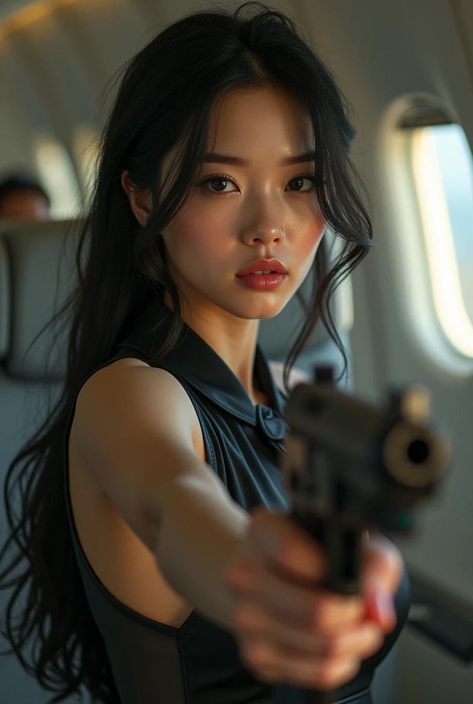 real person realistic beautiful korean flight stewardess super tight dress mini skirt M9 flamethrower weapon gasoline fueltank