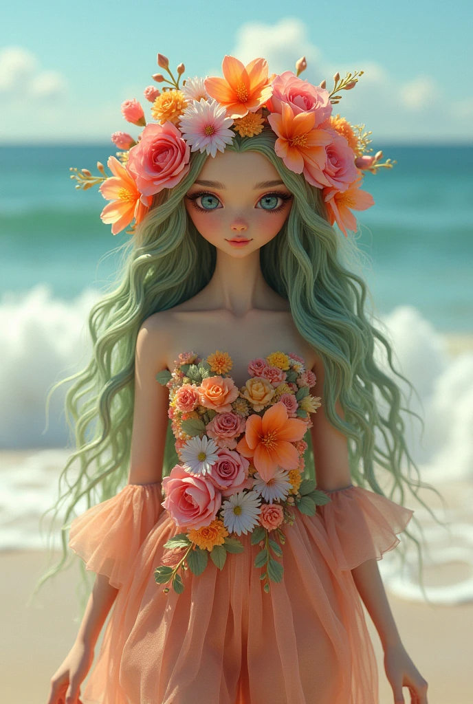 a short,  female monster with a beachy style and her long hair is made of flowers and her clothes are also made of flowers.
SHE IS A TENDER WOMAN MONSTER WITH ALL HER HAIR MADE OF FLOWERS WITHOUT HUMAN FEATURES, NOTHING THAT HAS TO DO WITH HUMANS 