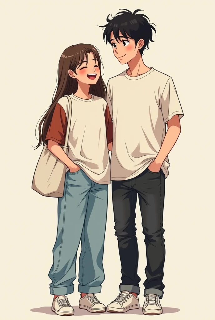 Two chibi manga couples, the girl is shorter than the guy. The girl has an off white oversized T-shirt on with brick brown half sleeves and light blue baggy jeans. The girl is also carrying one white tote bag on her shoulder. The guy has worn black faded jeans with a full sleeved white button up shirt and the guy’s hair is black and  VERY CURLY and the girl’s hair is long, brown and straight. Both are wearing WHITE shoes. They’re are standing close to each other and laughing