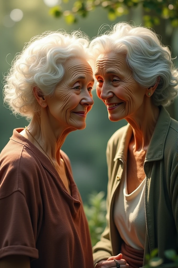 2 old women that has white curly hair and fair skin and white wavy hair with brown skin
