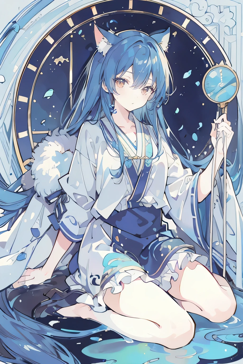 (Masterpiece:1.2)，Ultra-detailed，lifelike，The eyes are expressive，Fair skin，Perfect face shape，1 girl，Japanese Manga，Gorgeous blue hair，Flowing blue hair，Flowing clothes，Cat ears，Petals falling，Shy face，sitting on window，Place your hand on your lips,masterpiece, absurdres, novel cover, cover illustration, 1girl, solo, dark blue-haired ponytail, mage robes, flower background, clock background, monochrome, line drawing