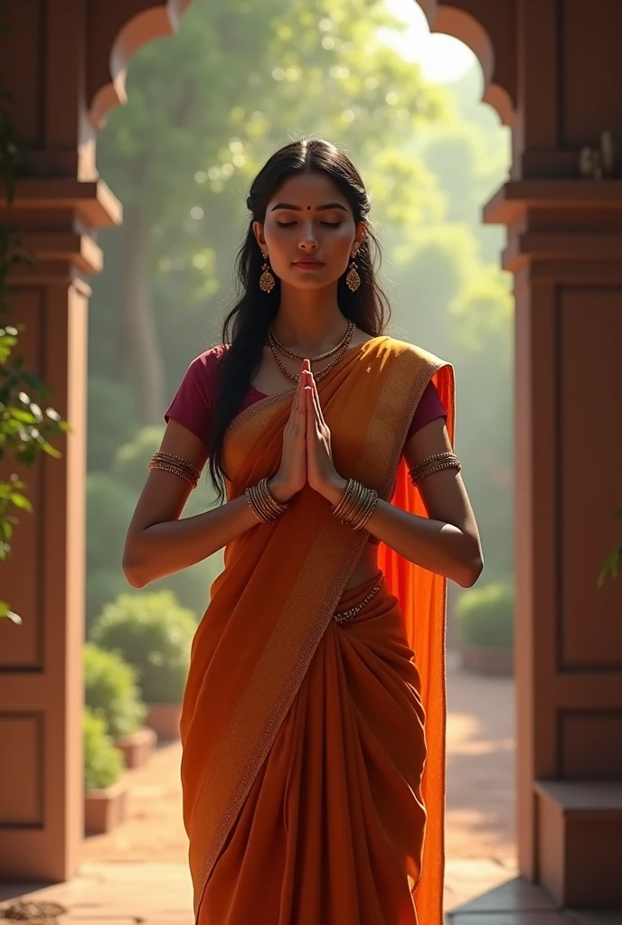 "Create an image of a woman performing a namaskaram, the traditional Indian gesture of greeting or prayer with folded hands. The woman should be depicted in traditional attire, such as a saree, with a serene and respectful expression on her face. She can be shown either standing or slightly bowing, with her hands gracefully brought together in front of her chest. The background could be a simple yet elegant setting, like the entrance of a temple, a peaceful home altar, or a natural scene with so
