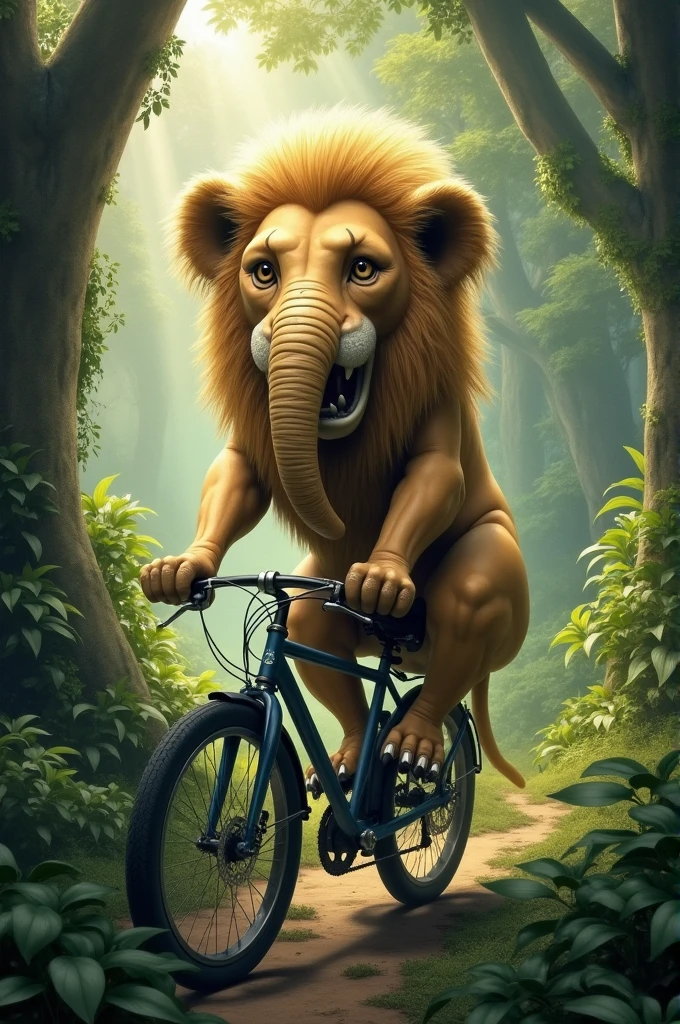 There should be a lion, its mouth should be that of an elephant, there should be a big forest and the lion should be sitting on a bike