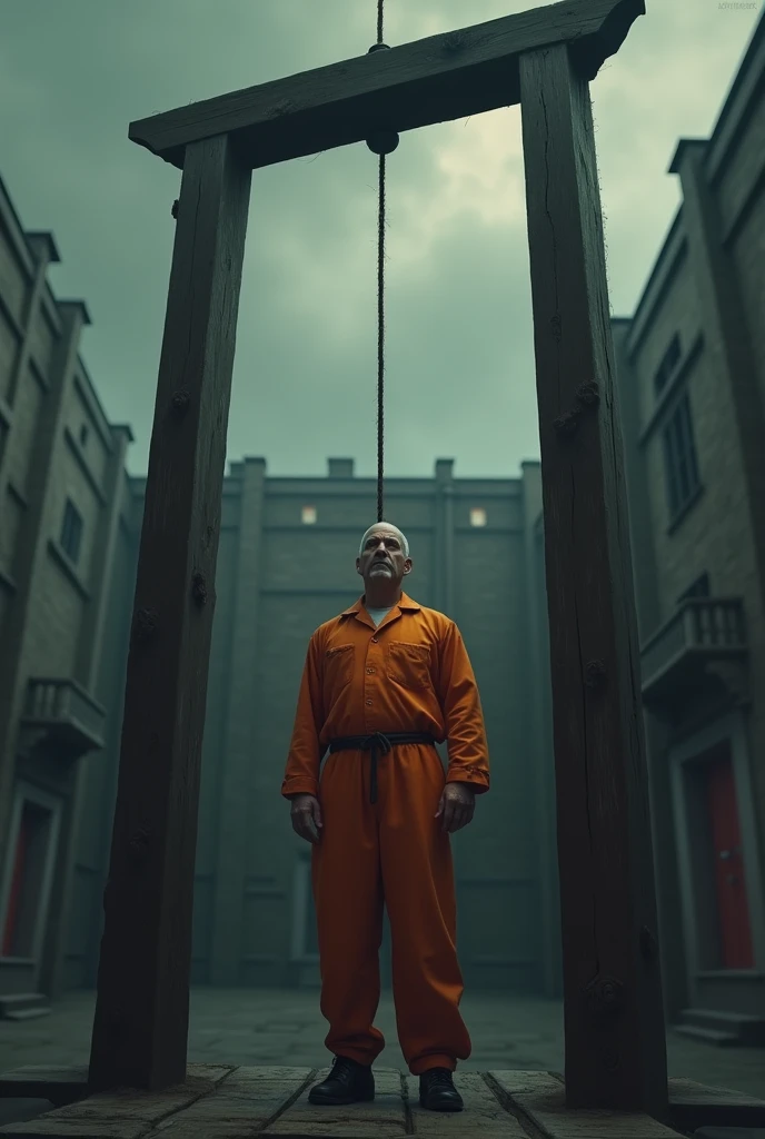 Create an image of a man in orange prison garb with a rope around his neck to be hanged on a guillotine