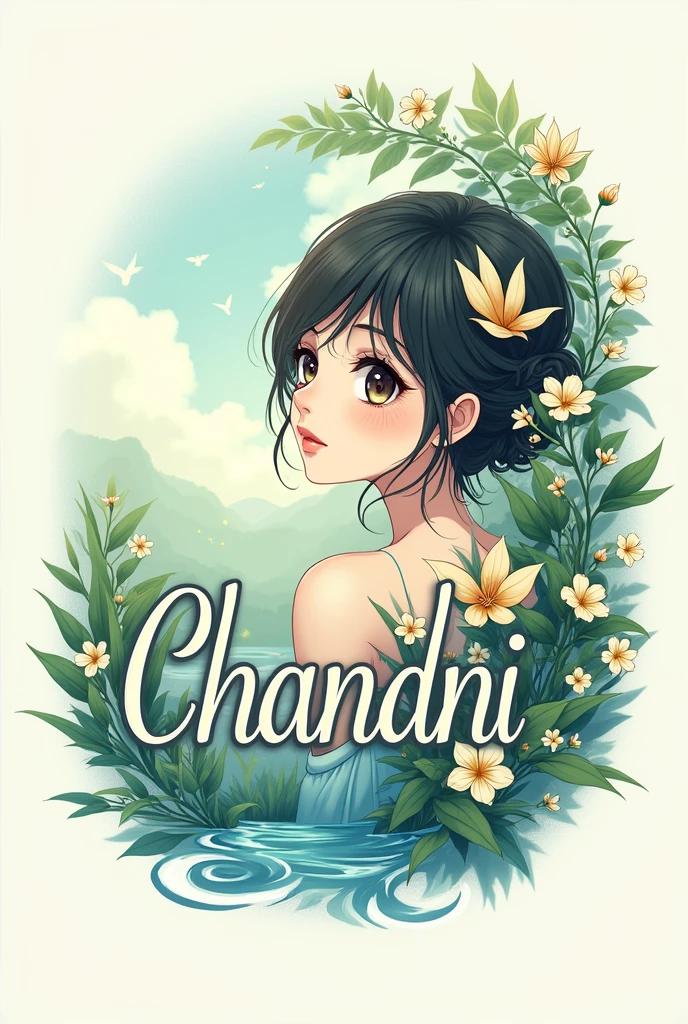 Make a logo of Chandni girl name with anime character background nature with asthetic look 